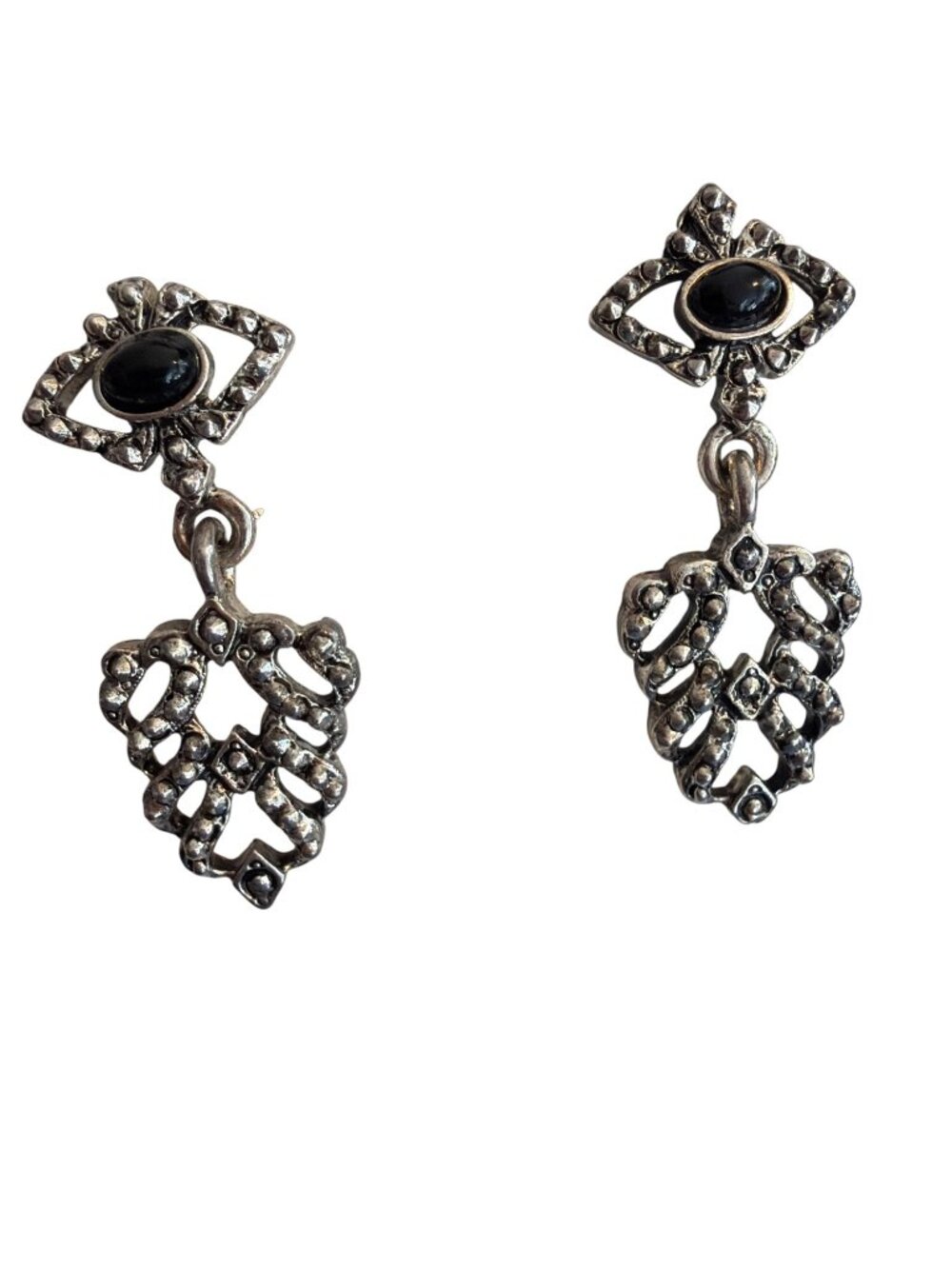 Vintage Silver Tone Black Stone Drop Dangle Art Deco Textured Estate 1.75"